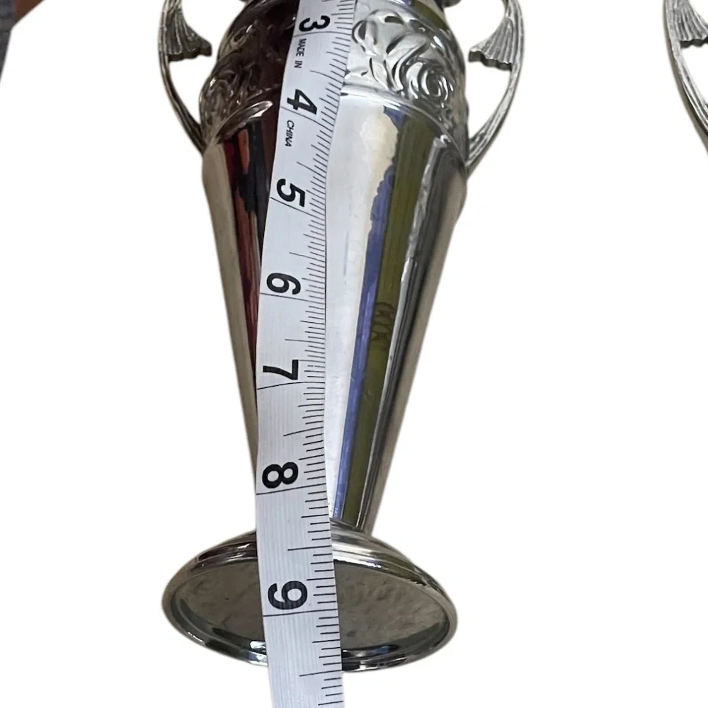 Pair Of  Silver Plated Urn Vase Embossed Relief Ornate Pattern Band And‎ Handles